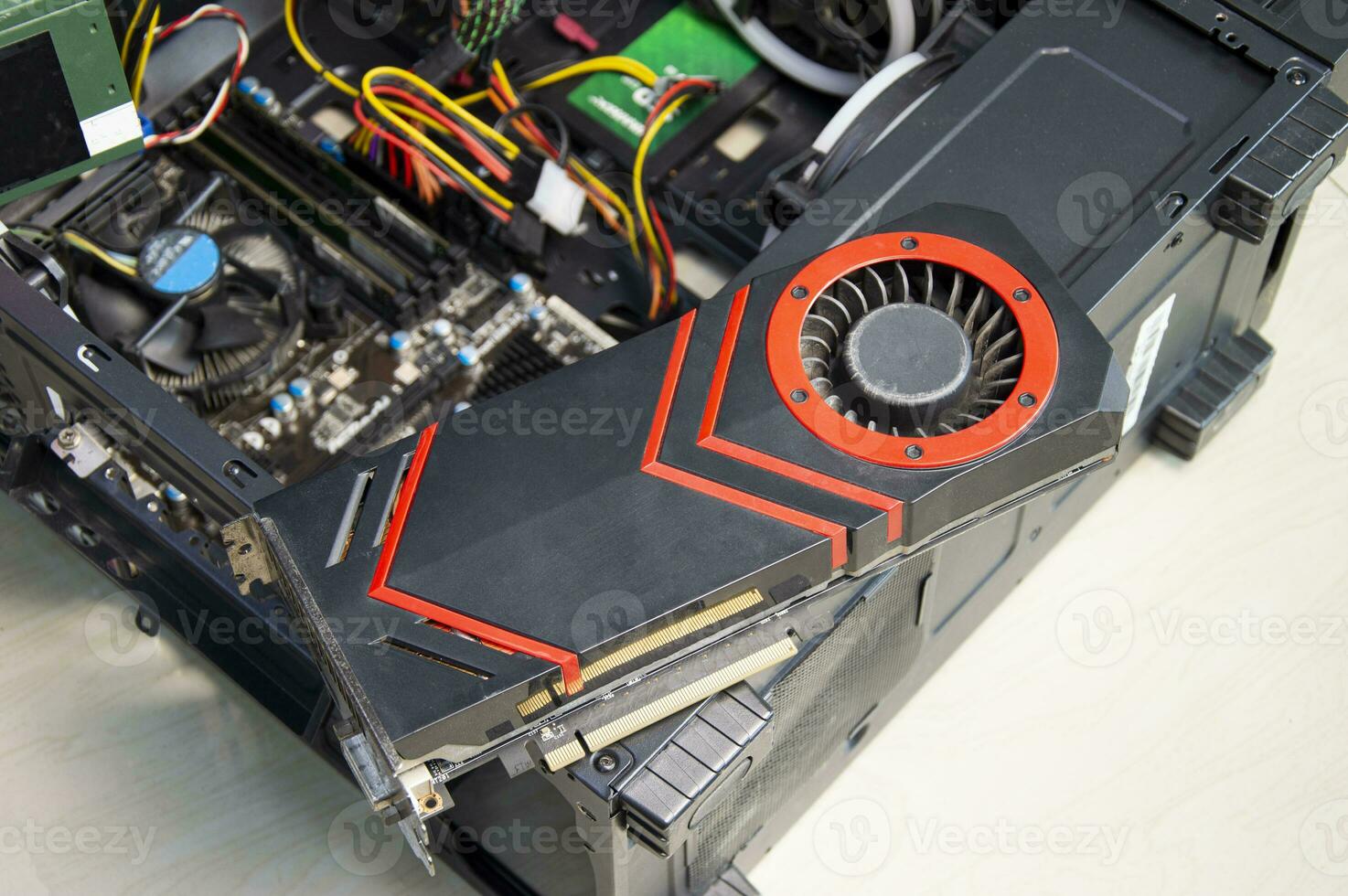 top view computer graphics card with dust stuck, computer repair photo