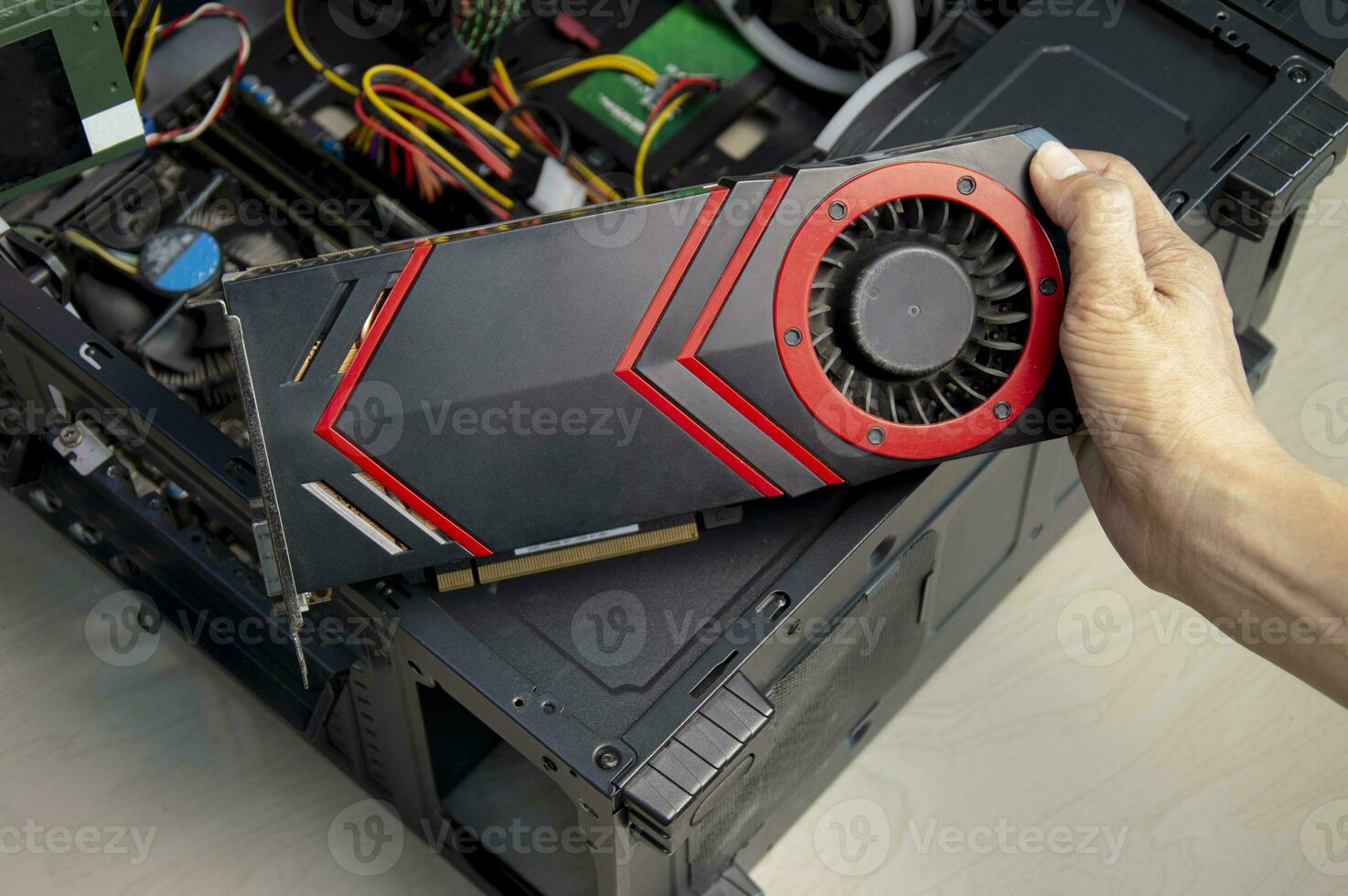 top view computer graphics card with dust stuck, computer repair photo