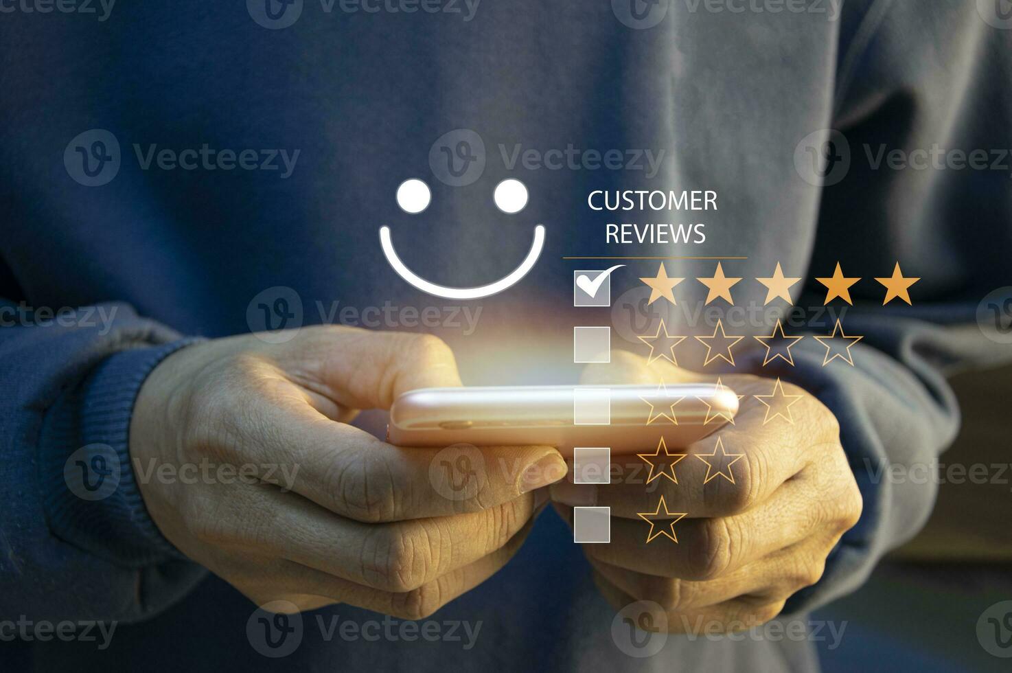 close up Man hand using smartphone with popup five star icon for feedback review satisfaction service, Customer service experience and business satisfaction survey. photo