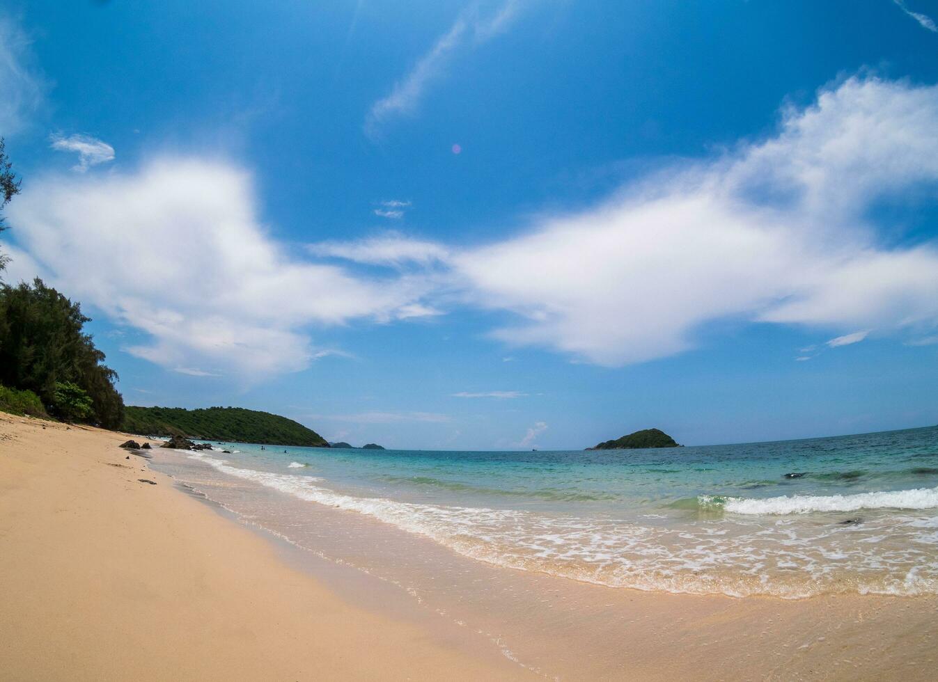 Landscape summer front fisheye view  tropical sea beach blue white sand  sky background calm Nature ocean Beautiful  wave water travel Nang Ram Beach East thailand Chonburi Exotic horizon. photo