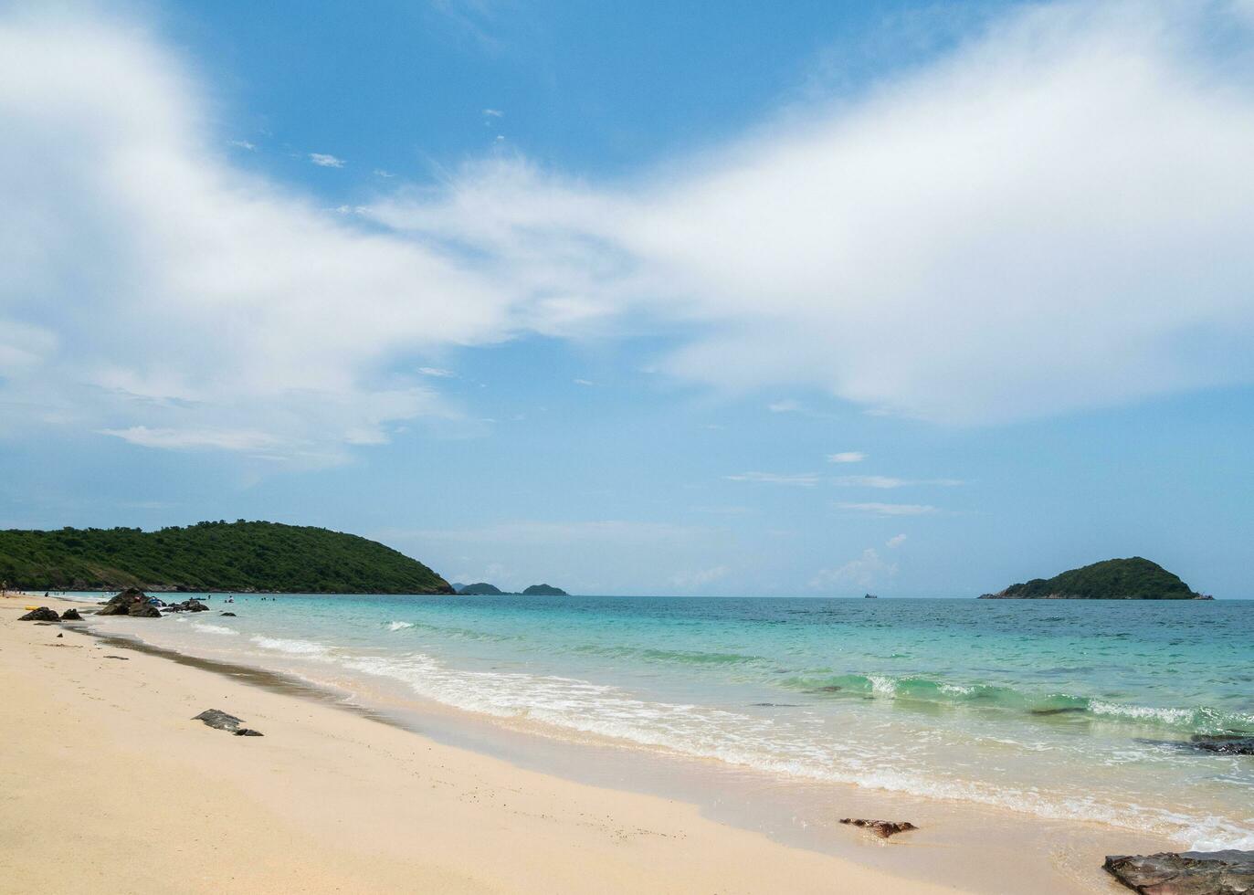 Landscape summer front view  tropical sea beach rock blue white sand background calm Nature ocean Beautiful wave crash splashing water travel Nang Ram Beach East thailand Chonburi Exotic horizon. photo