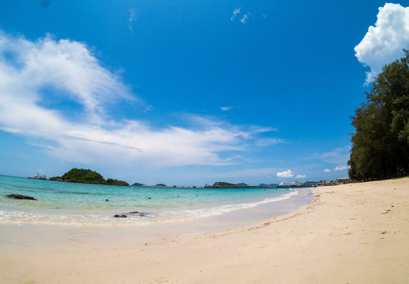 Landscape summer front fisheye view  tropical sea beach blue white sand  sky background calm Nature ocean Beautiful  wave water travel Nang Ram Beach East thailand Chonburi Exotic horizon. photo