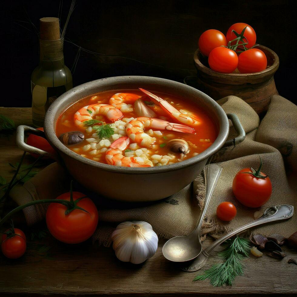a bowl of shrimp and seafood soup with tomatoes photo
