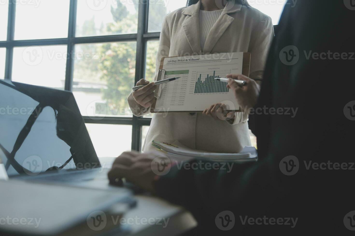 Audit concept,Administrator business man financial inspector and secretary making report calculating balance. Internal Revenue Service checking document. photo