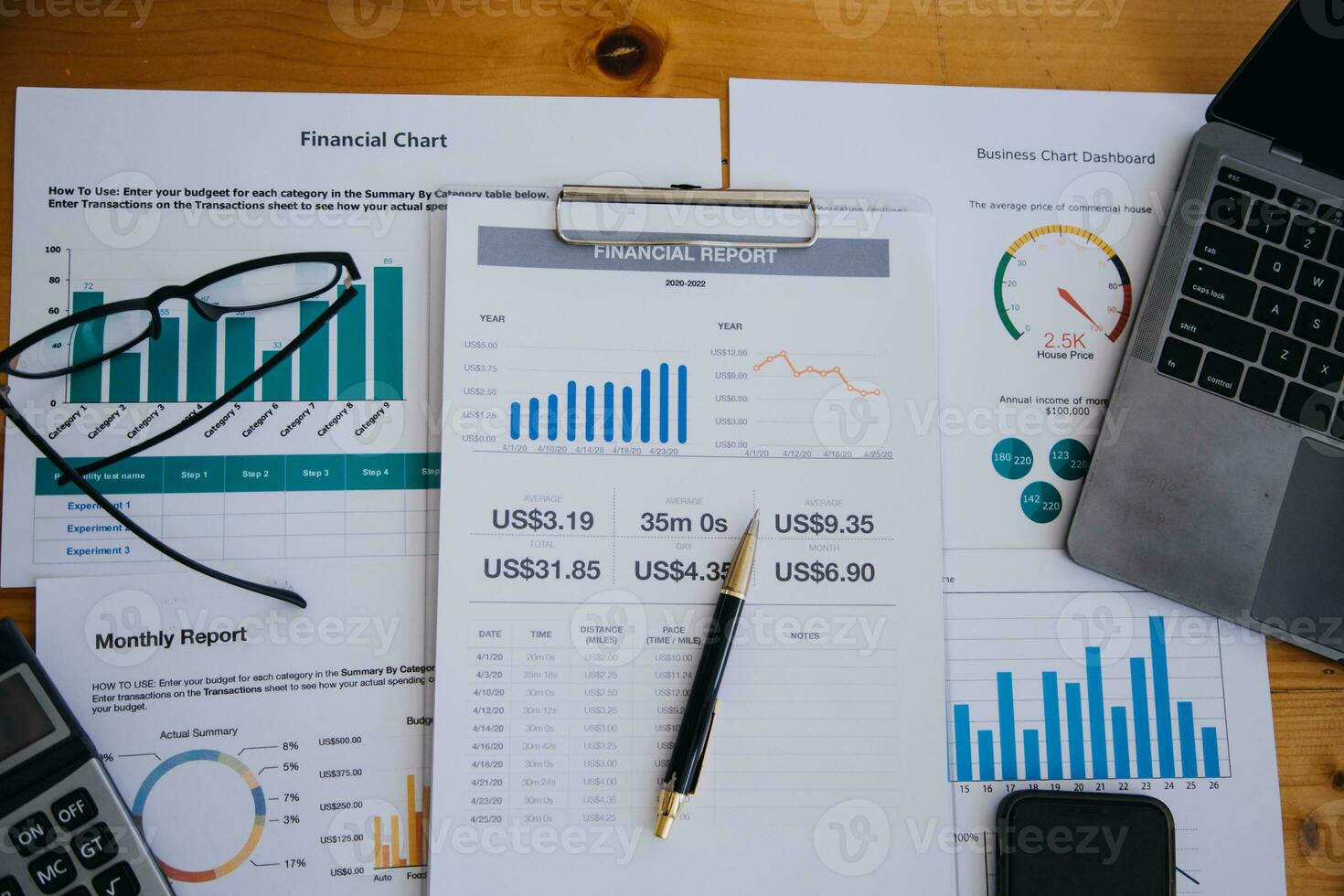 Close up of accountant working and analyzing financial reports project accounting with chart graph and calculator in modern office  finance and business concept. photo