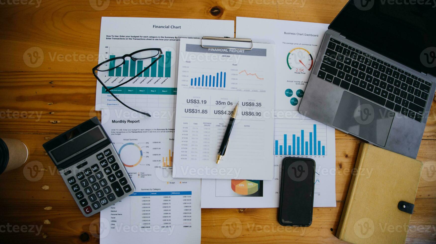 Asian Business woman using calculator and laptop for doing math finance on an office desk, tax, report, accounting, statistics, and analytical research concept photo