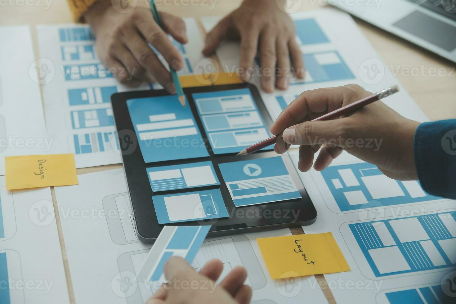 Website designer Creative planning application development draft sketch drawing template layout framework wireframe design studio . User experience concept . photo