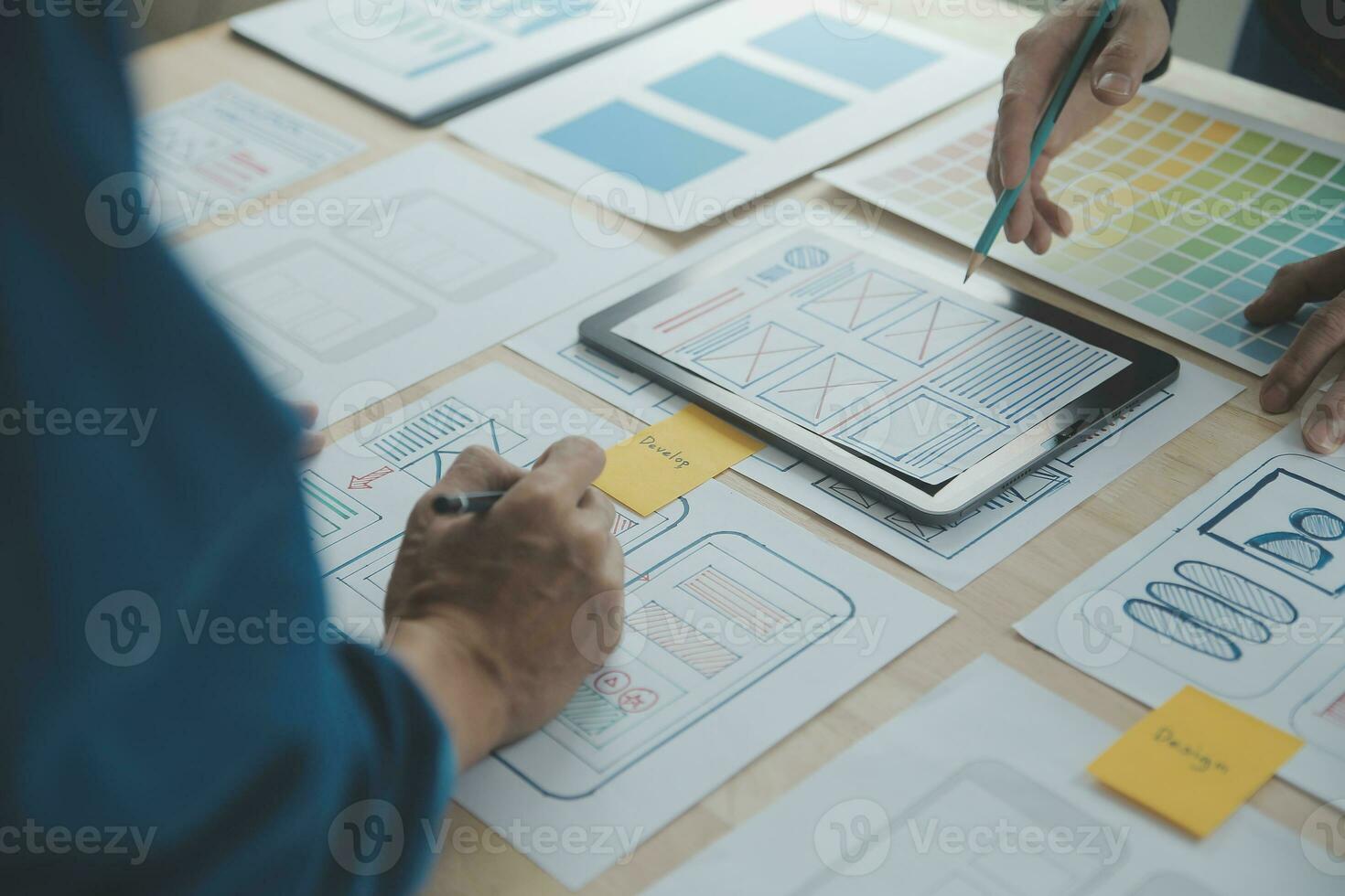 Website designer Creative planning application development draft sketch drawing template layout framework wireframe design studio . User experience concept . photo