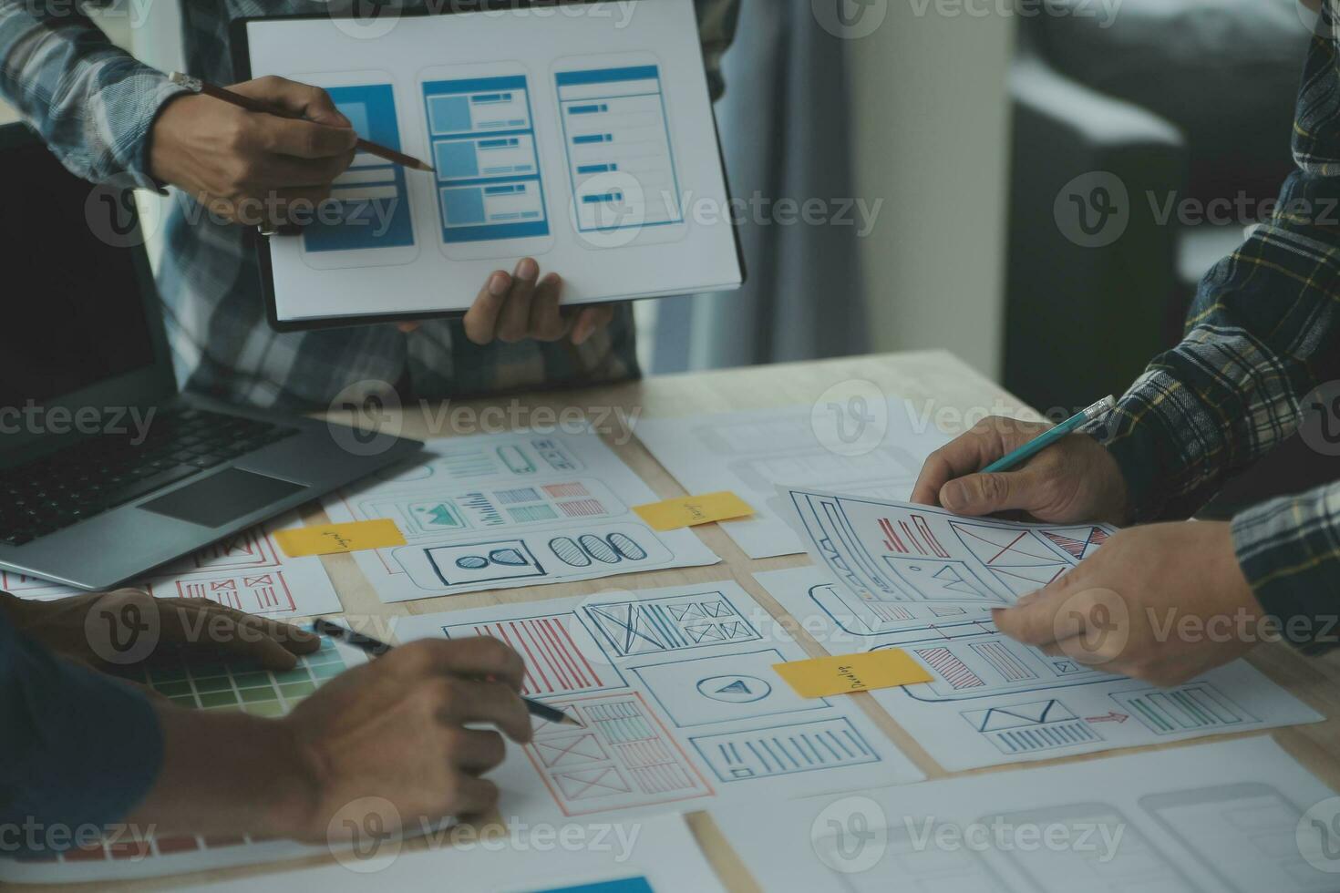 Website designer Creative planning application development draft sketch drawing template layout framework wireframe design studio . User experience concept . photo