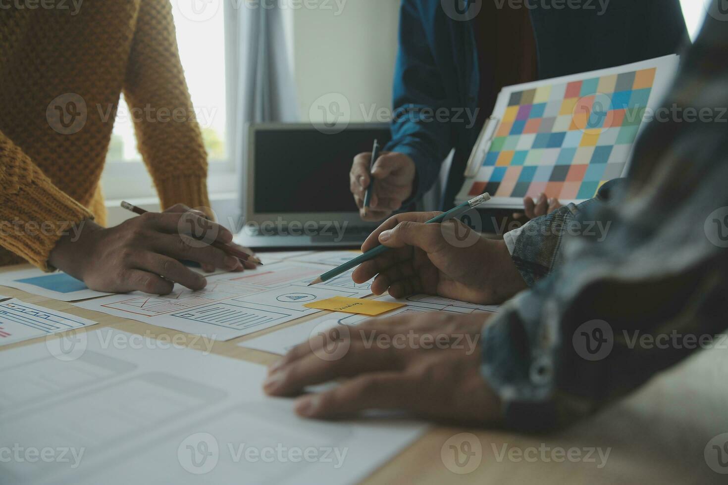 Website designer Creative planning application development draft sketch drawing template layout framework wireframe design studio . User experience concept . photo