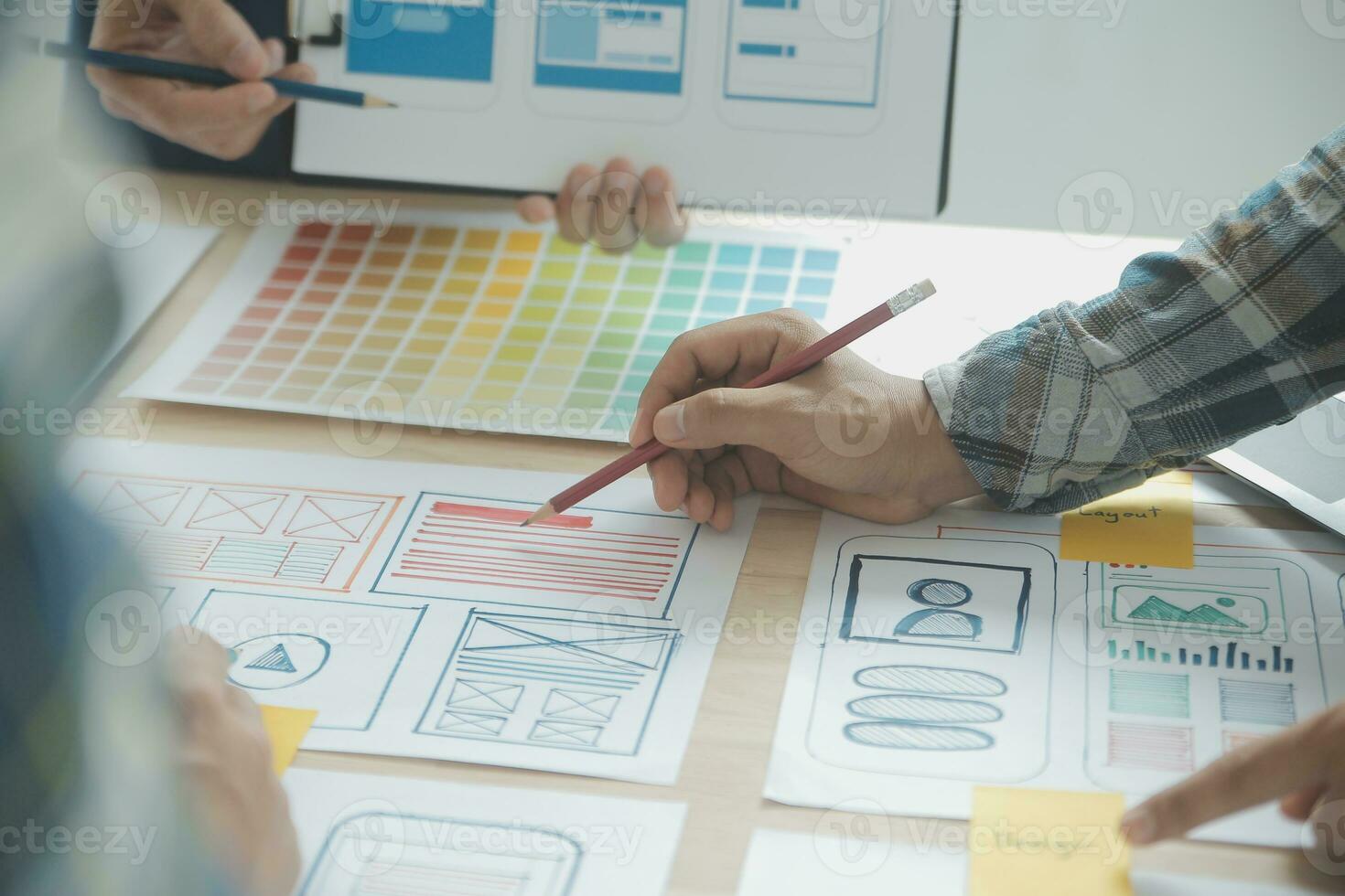 Website designer Creative planning application development draft sketch drawing template layout framework wireframe design studio . User experience concept . photo