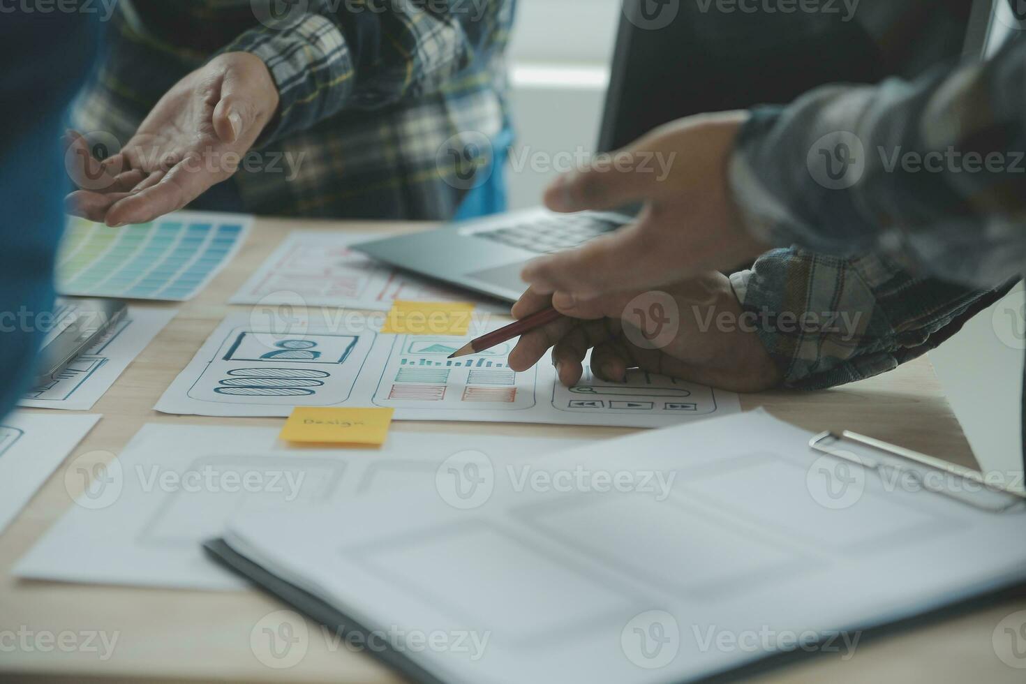 Website designer Creative planning application development draft sketch drawing template layout framework wireframe design studio . User experience concept . photo