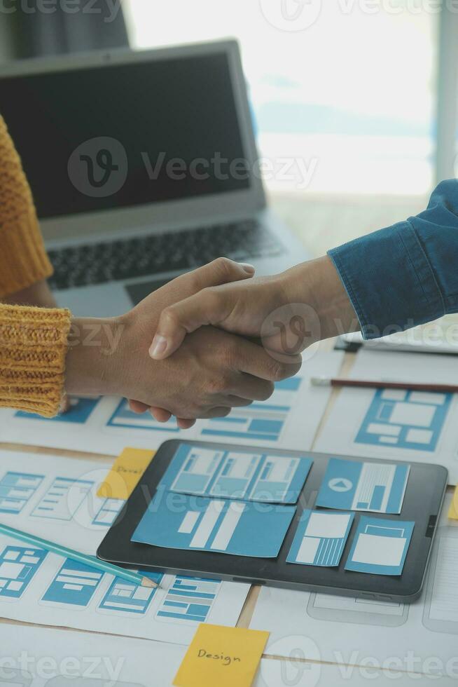 Website designer Creative planning application development draft sketch drawing template layout framework wireframe design studio . User experience concept . photo