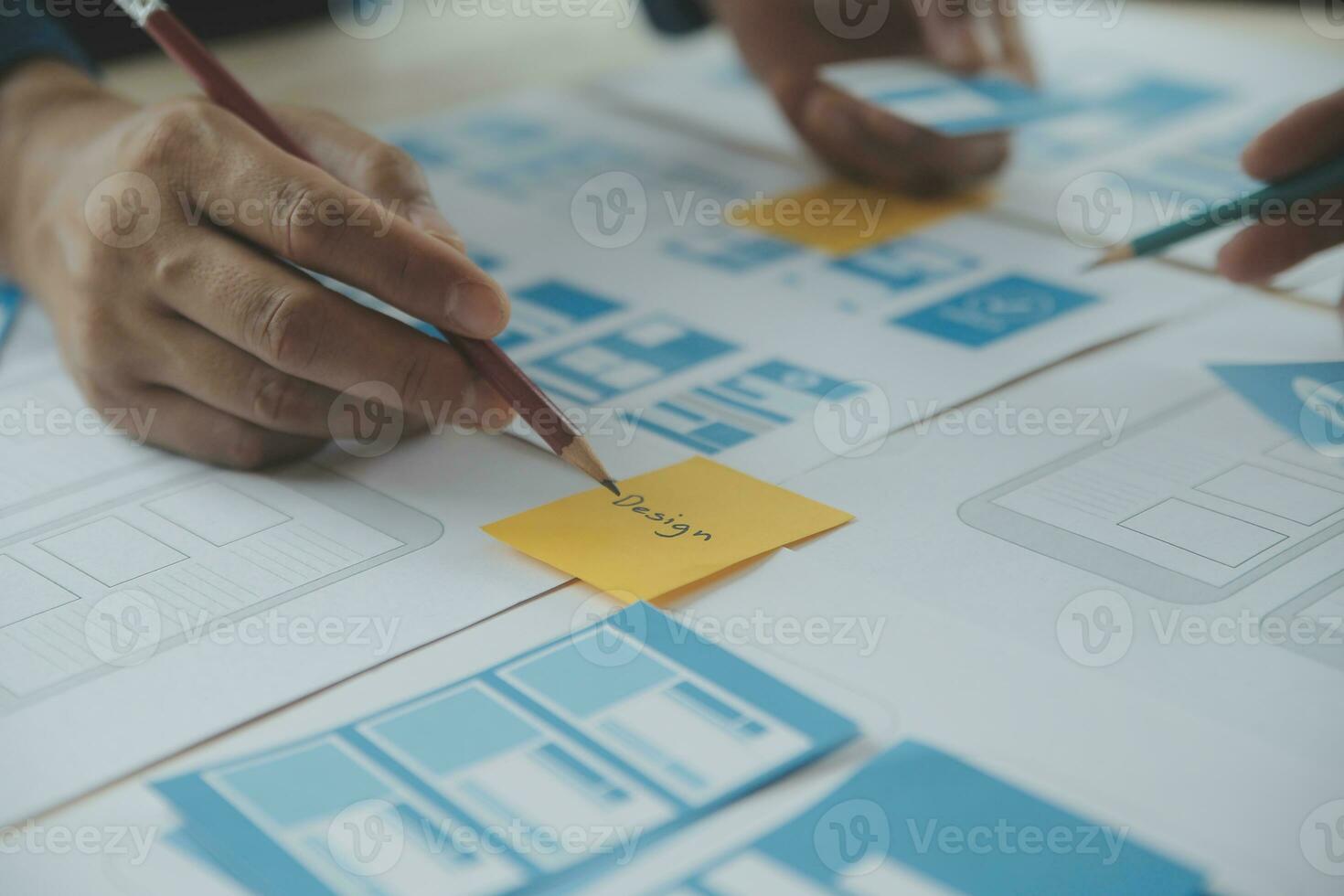 Website designer Creative planning application development draft sketch drawing template layout framework wireframe design studio . User experience concept . photo