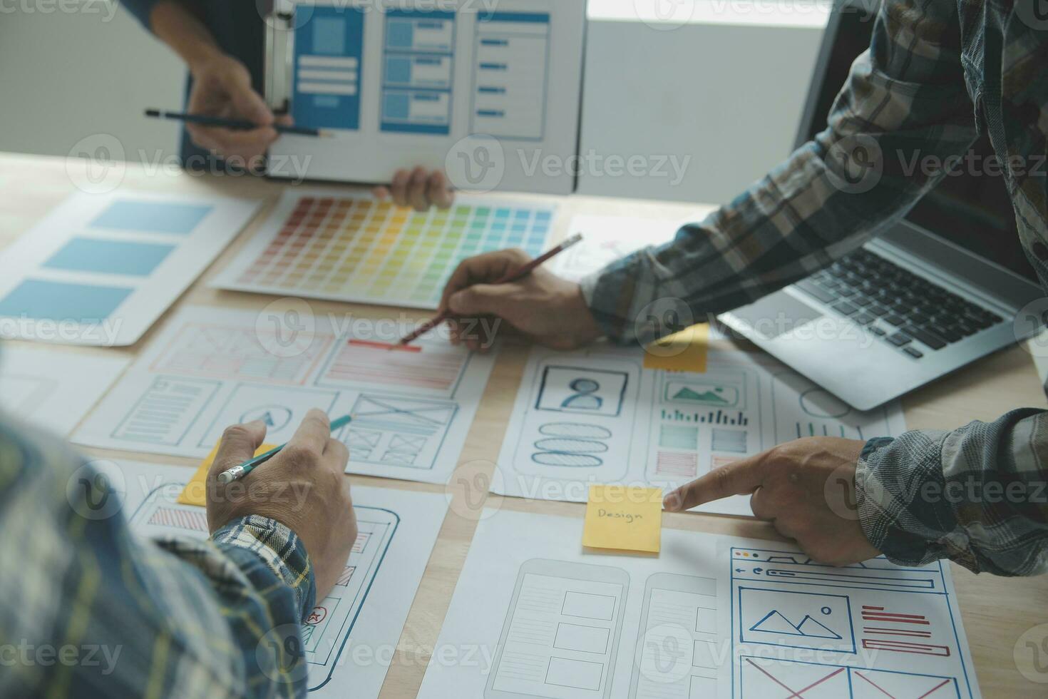 Website designer Creative planning application development draft sketch drawing template layout framework wireframe design studio . User experience concept . photo