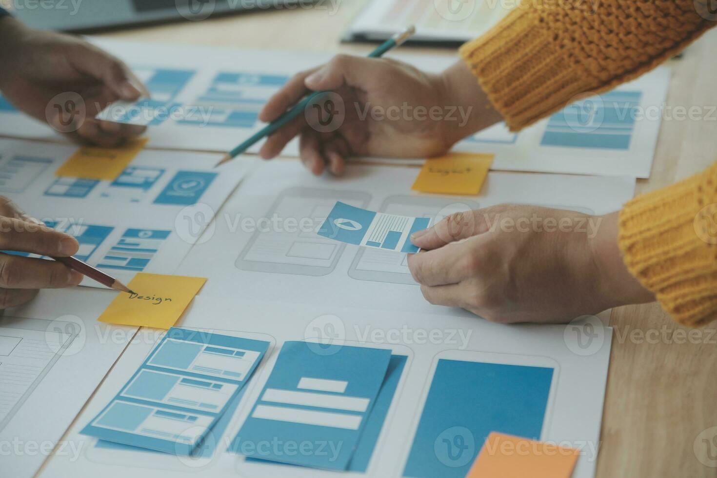 Website designer Creative planning application development draft sketch drawing template layout framework wireframe design studio . User experience concept . photo