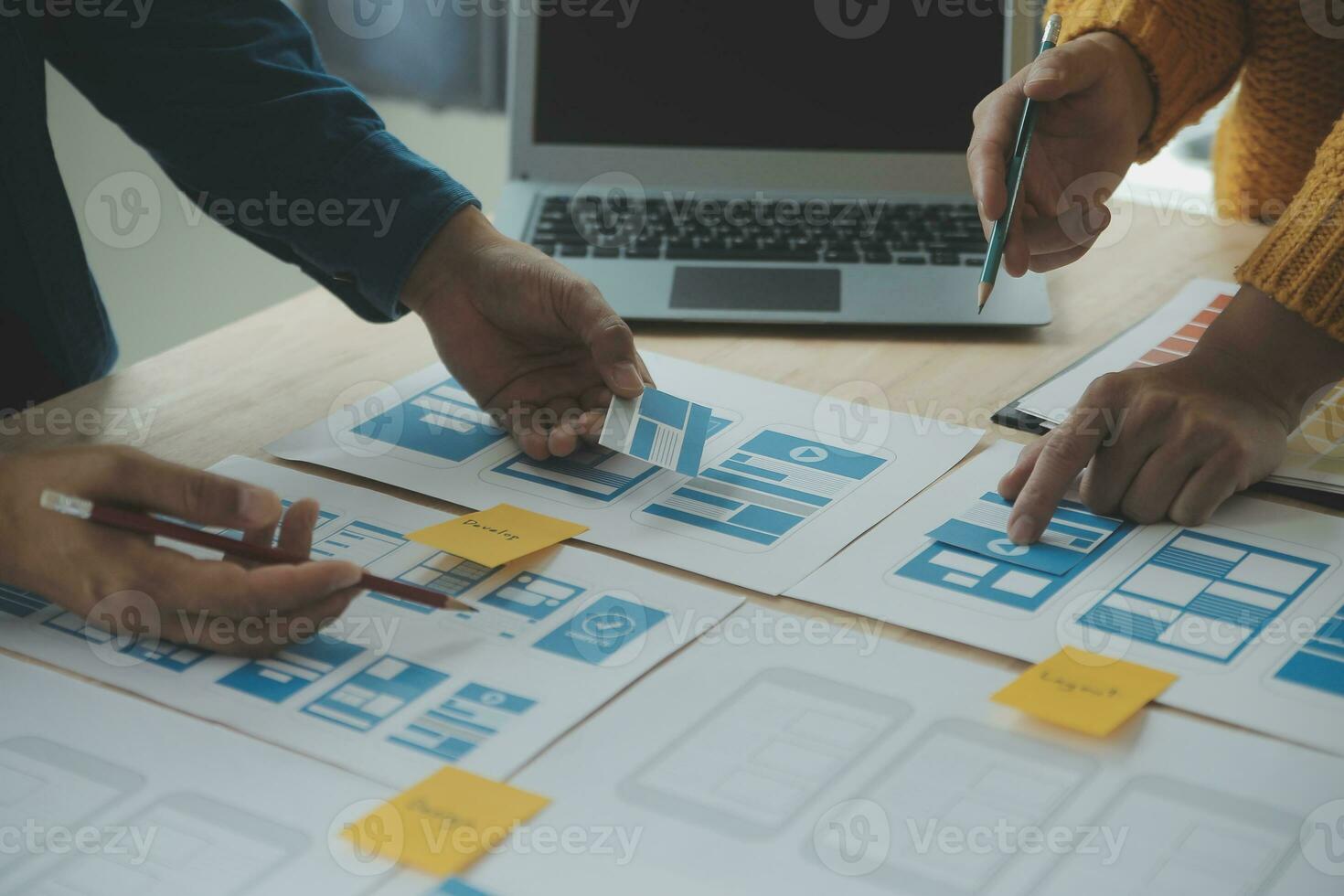 Website designer Creative planning application development draft sketch drawing template layout framework wireframe design studio . User experience concept . photo