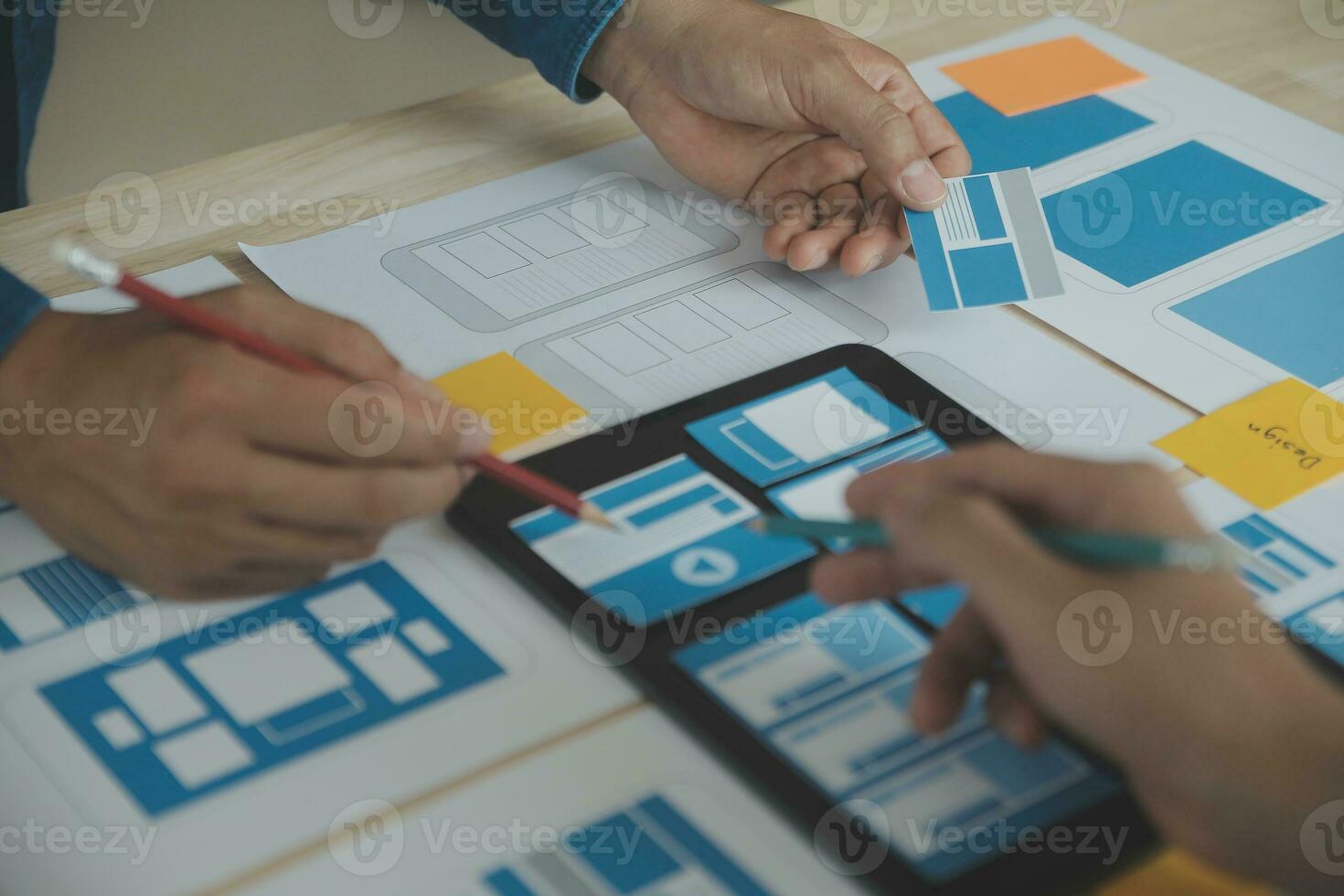 Website designer Creative planning application development draft sketch drawing template layout framework wireframe design studio . User experience concept . photo