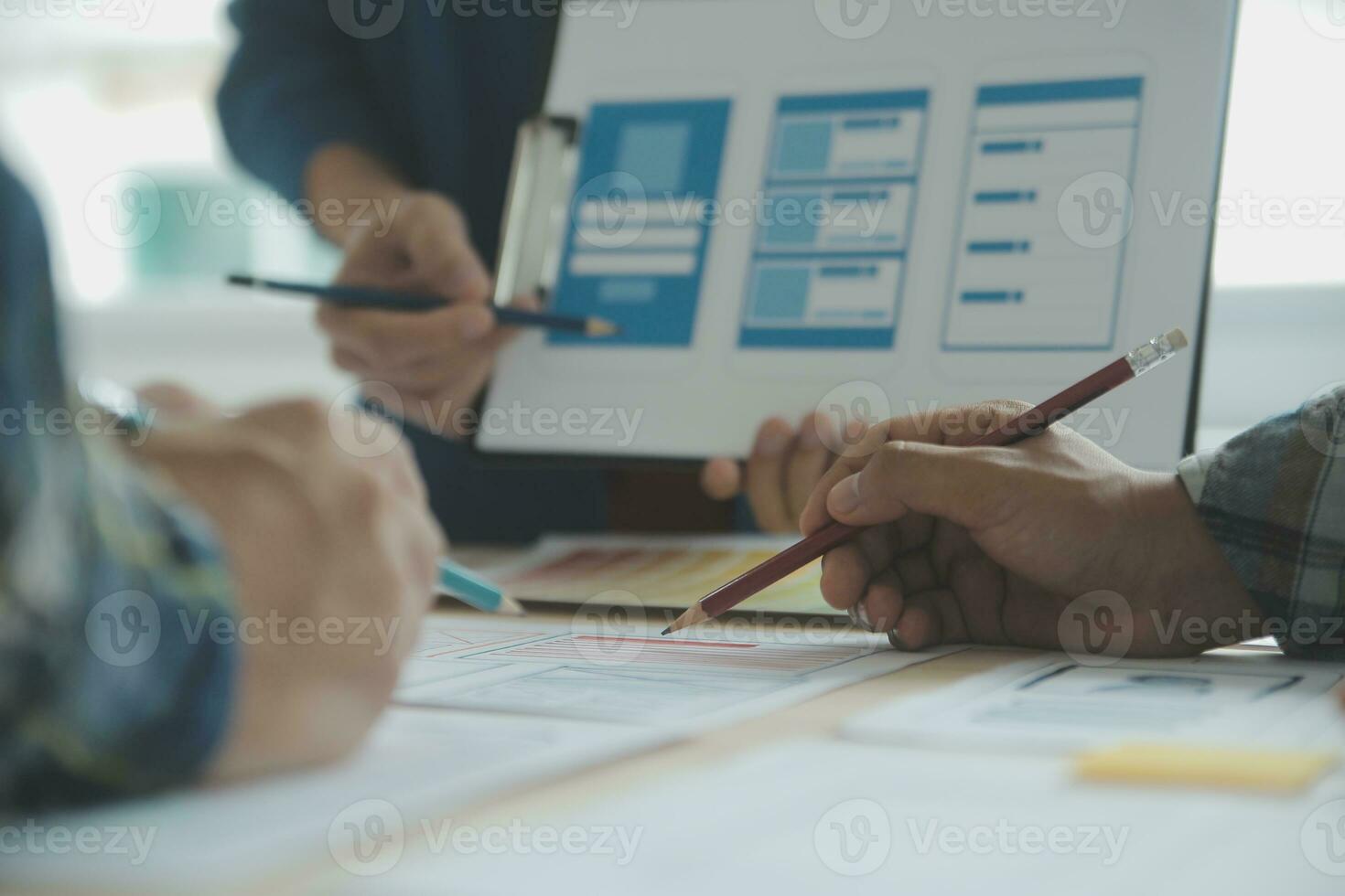 Website designer Creative planning application development draft sketch drawing template layout framework wireframe design studio . User experience concept . photo