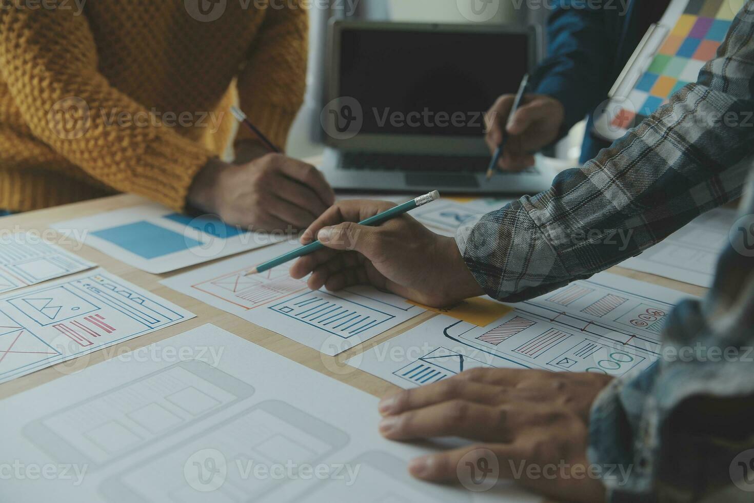 Website designer Creative planning application development draft sketch drawing template layout framework wireframe design studio . User experience concept . photo