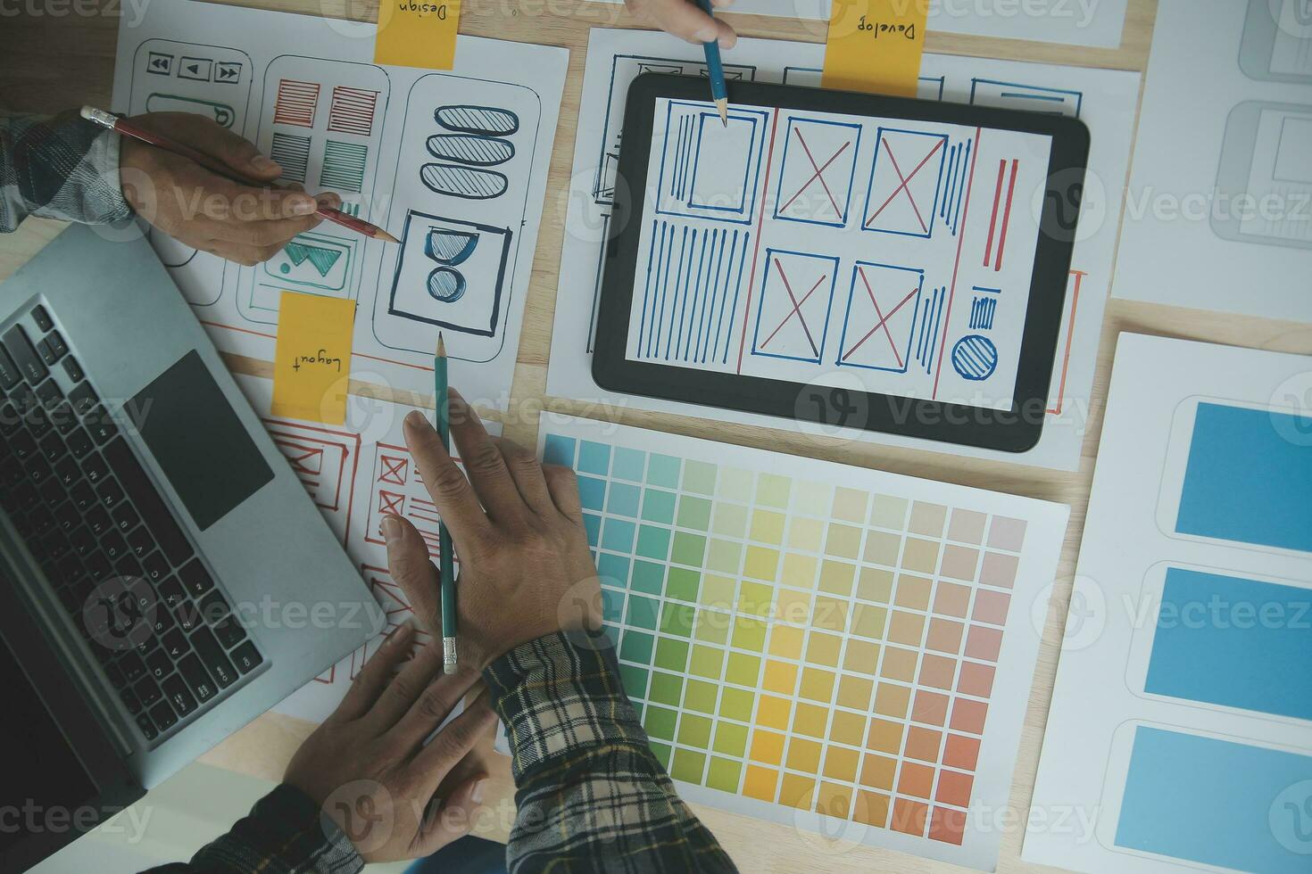 Website designer Creative planning application development draft sketch drawing template layout framework wireframe design studio . User experience concept . photo