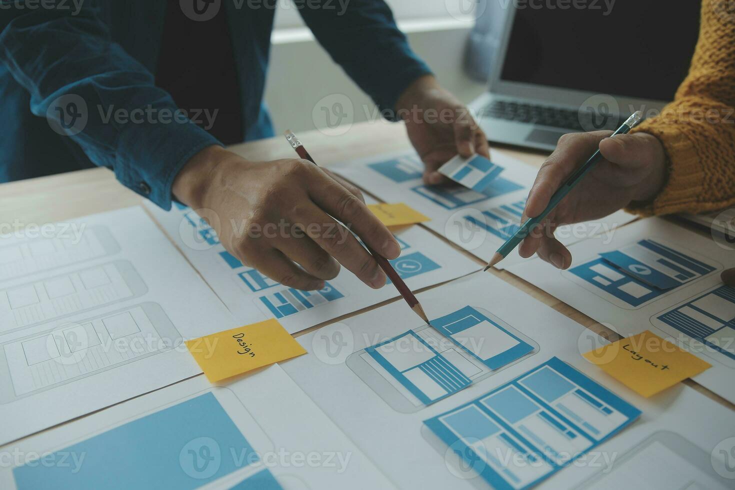 ux Graphic designer creative sketch planning application process development prototype wireframe for web mobile phone . User experience concept. photo