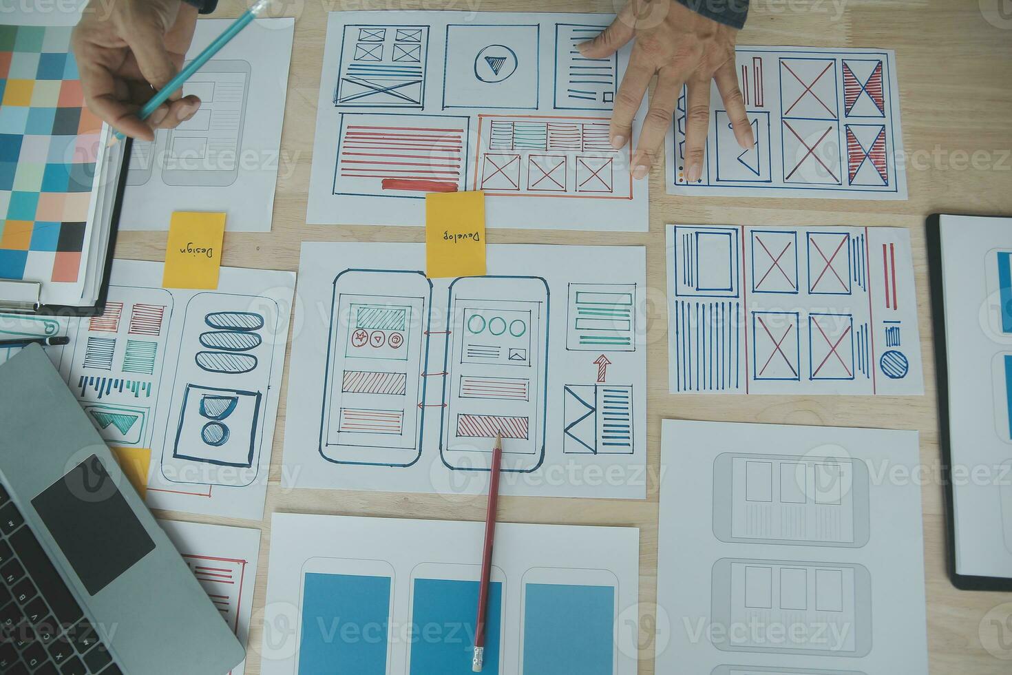 ux Graphic designer creative sketch planning application process development prototype wireframe for web mobile phone . User experience concept. photo
