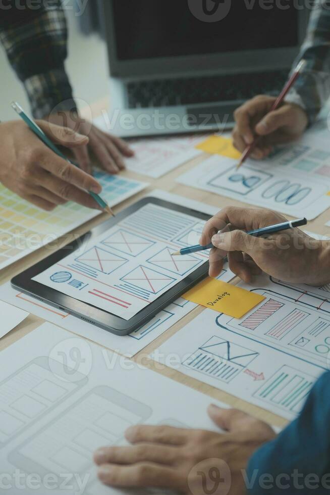 ux Graphic designer creative sketch planning application process development prototype wireframe for web mobile phone . User experience concept. photo