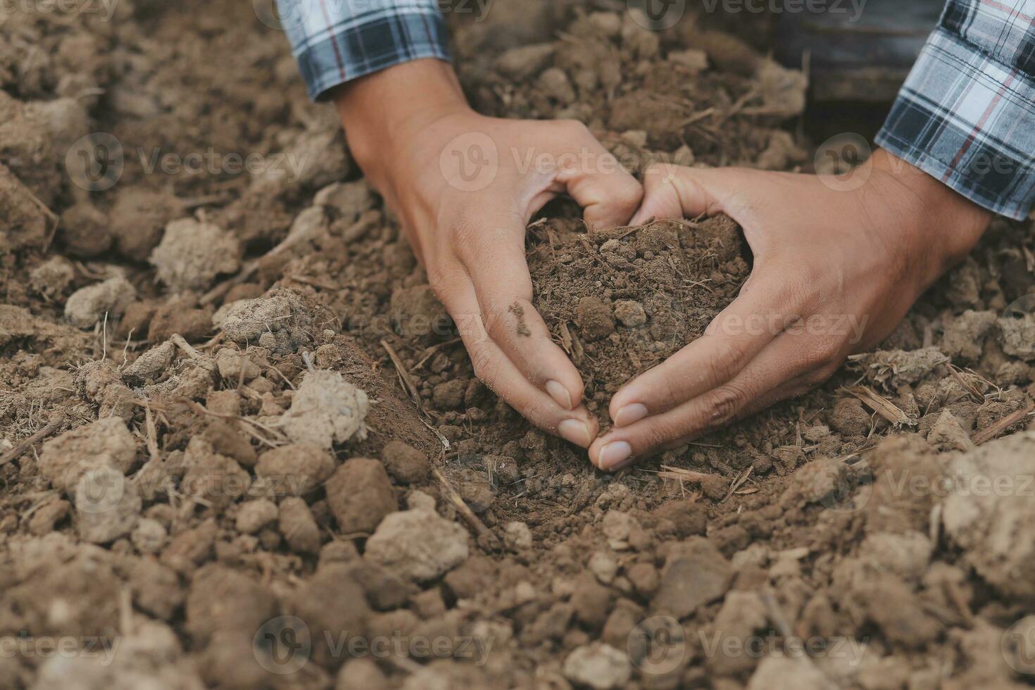 Male hands touching soil on the field. A farmer checks quality of soil before sowing. Agriculture, gardening or ecology concept. photo