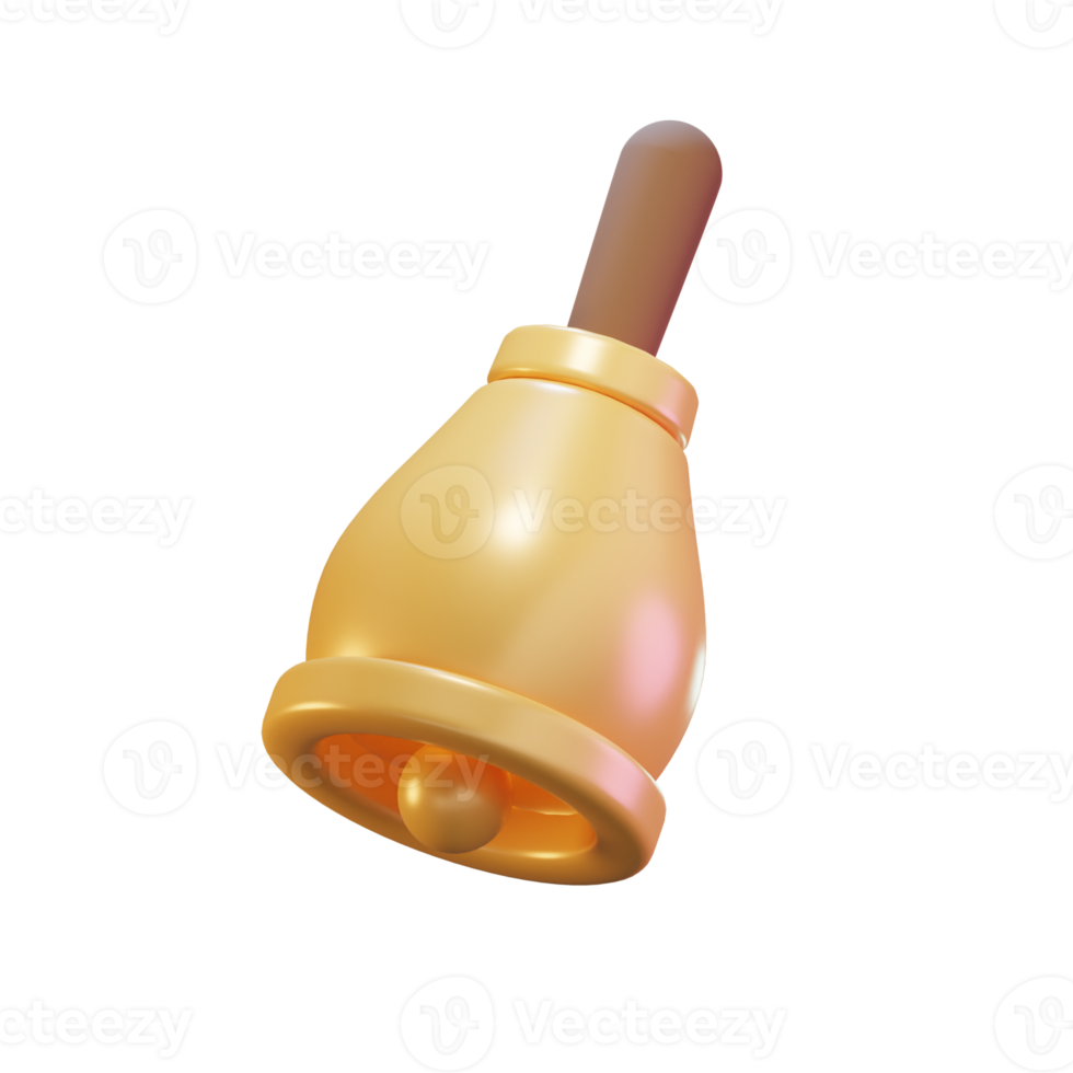 3D Render Illustration of golden ring bell with wooden handle. Cartoon Style png