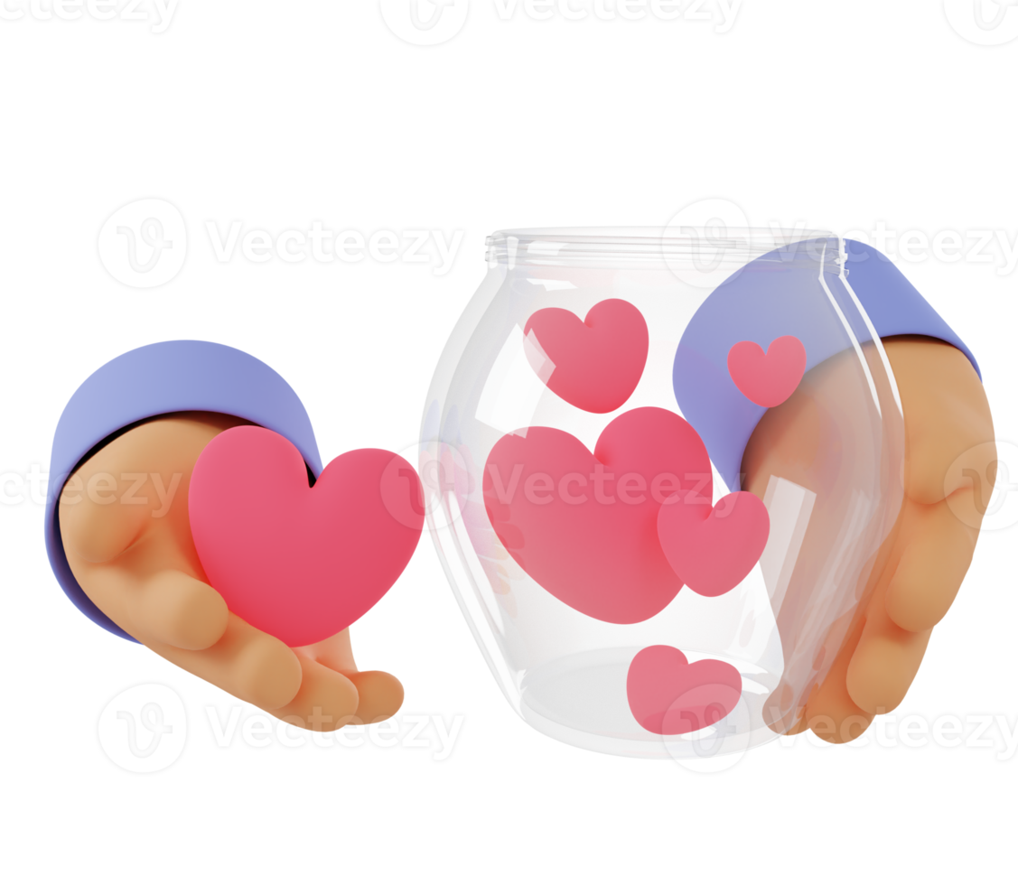 3D Render Illustration of hand holding a jar with hearts and hand holding a hart. Cartoon Style png