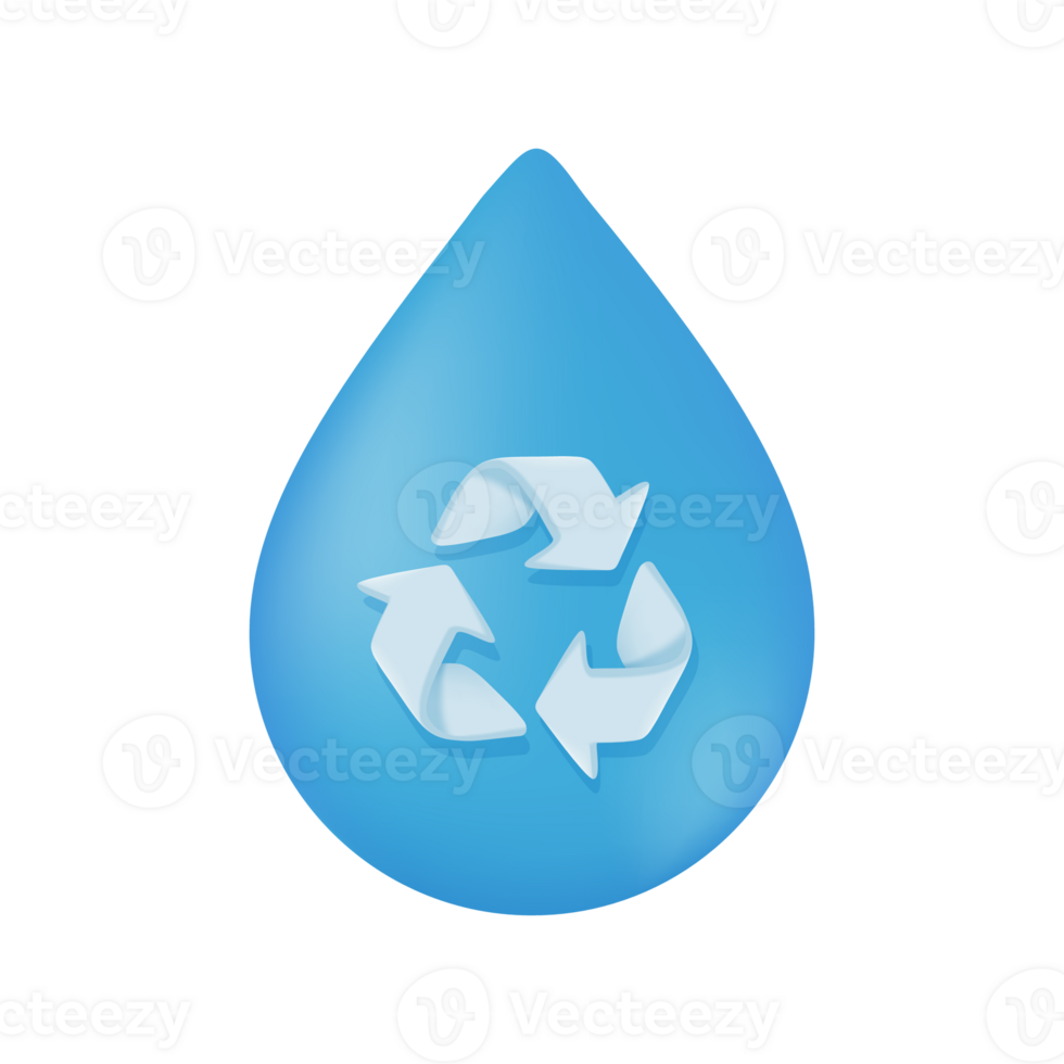 reciclar símbolo en agua soltar agua reducción concepto para el planeta. 3d ilustración png