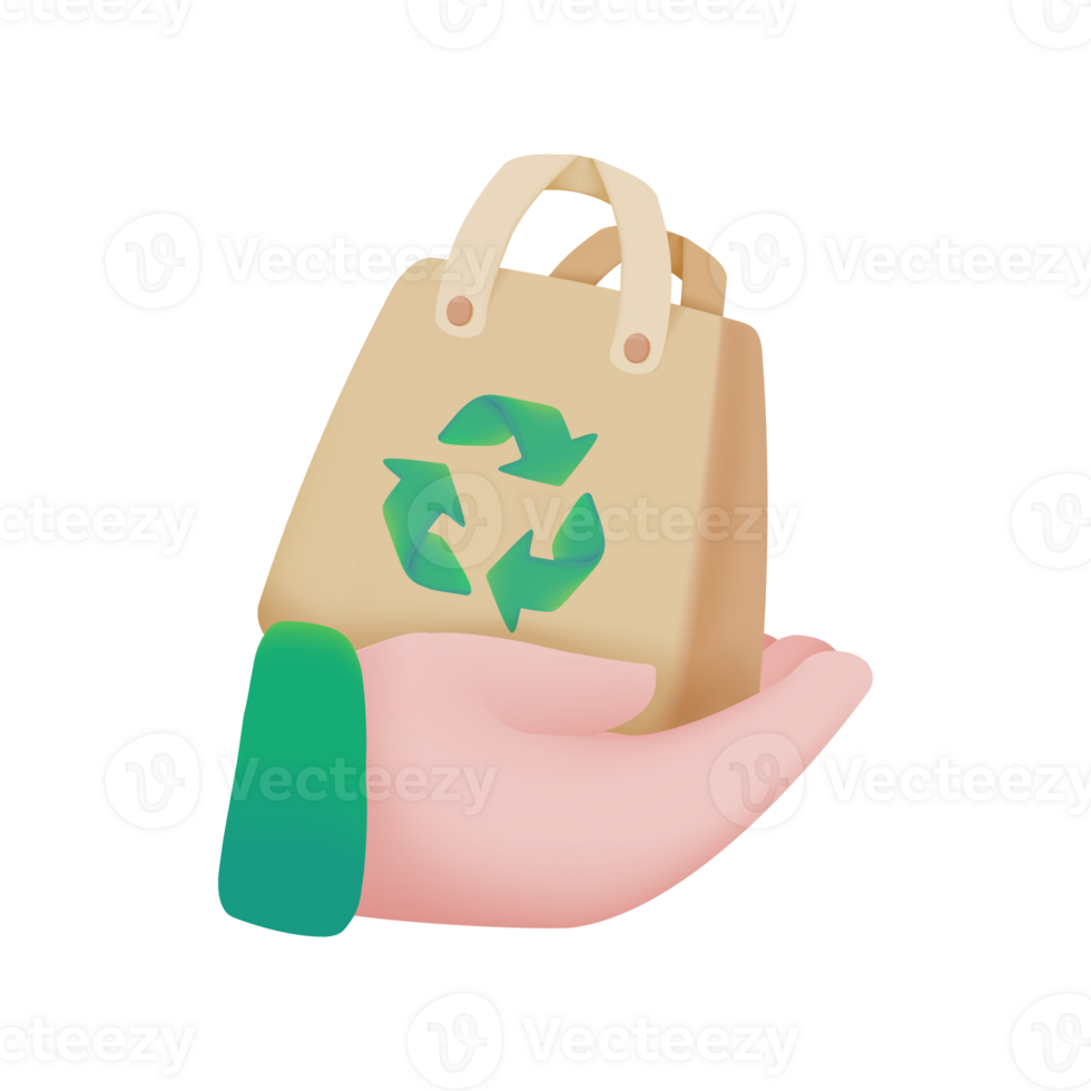 hand holding recycled paper bag Plastic reduction concept for the planet. 3D illustration. png