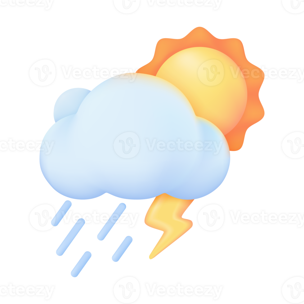 3d Wetter Prognose Symbole Sommer- Sonne mit Gewitter und stark Wind. 3d Illustration png