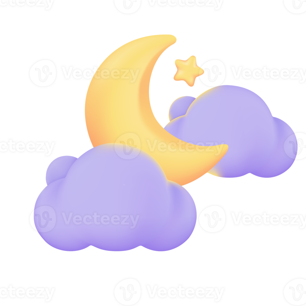3D weather forecast icons Night with moon and clouds on a rainy day. 3d illustration png