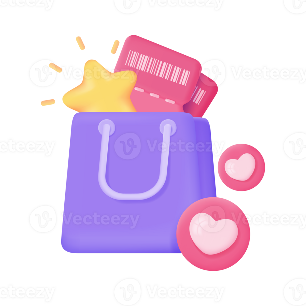 Shopping bags full of vouchers to offer customers special discounts. 3d illustration. png