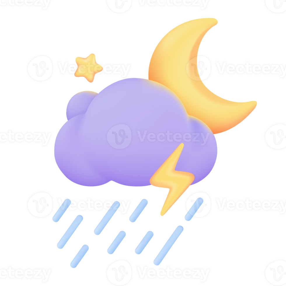 3D weather forecast icons Night with moon and clouds on a rainy day. 3d illustration png