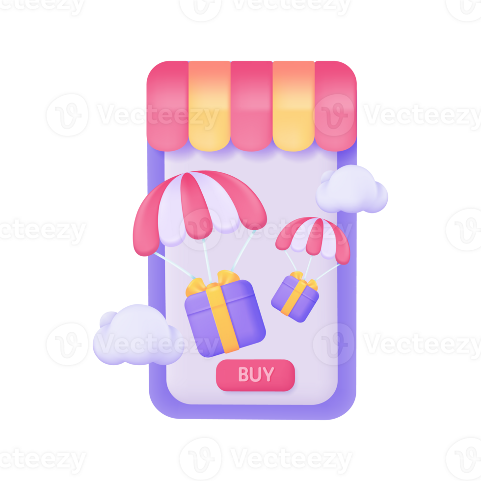 Mobile phones with awnings offer customers special discounts. Online shop concept. 3D illustration. png