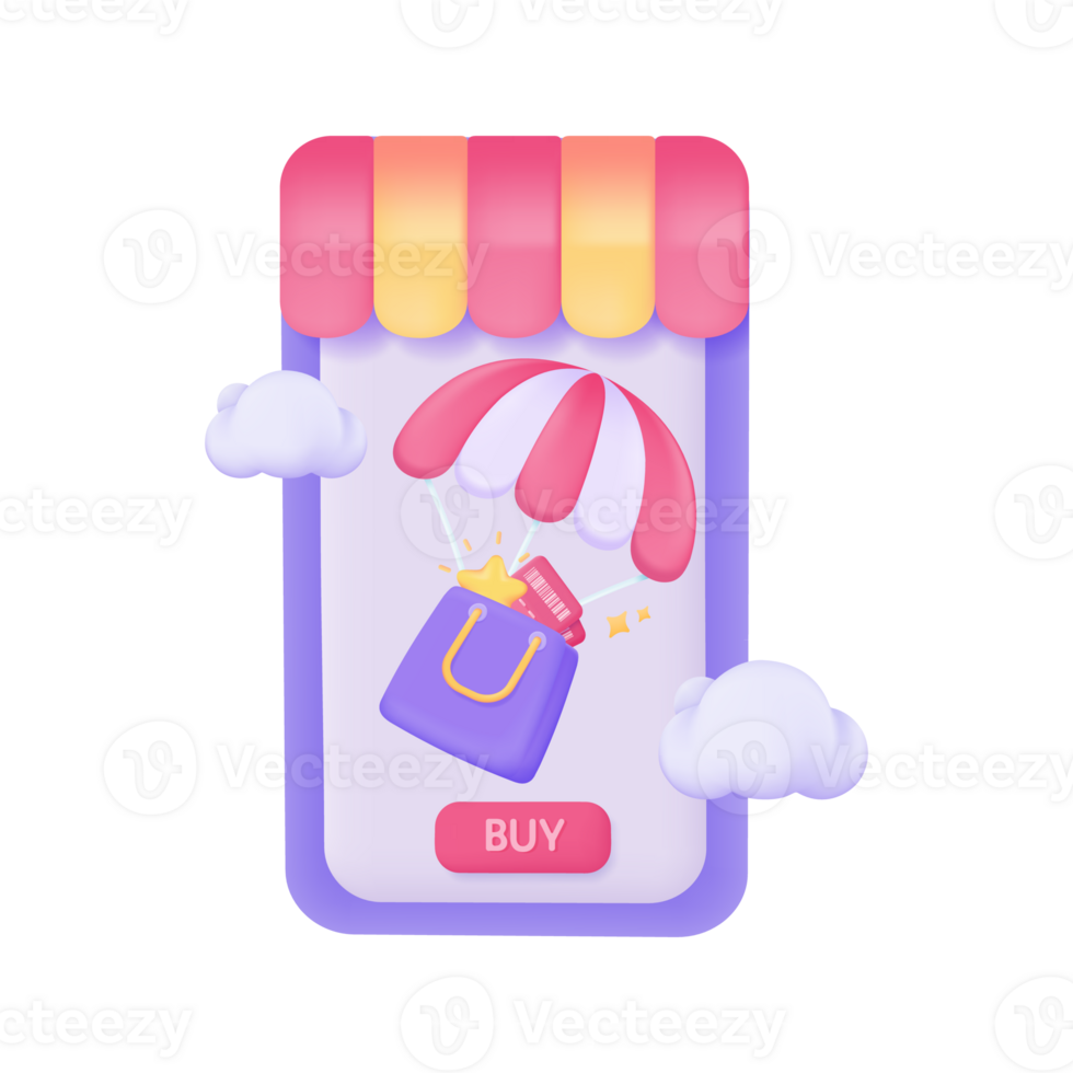 Mobile phones with awnings offer customers special discounts. Online shop concept. 3D illustration. png