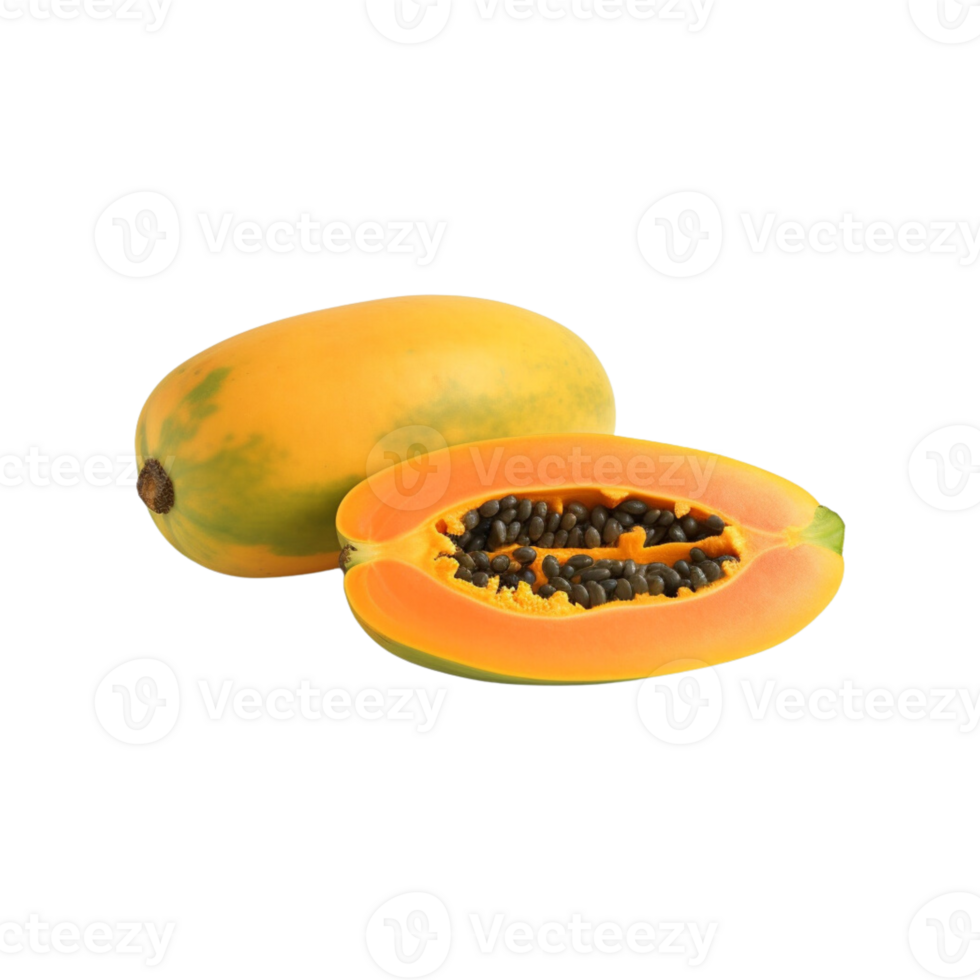 whole and half of ripe papaya fruit isolated on transparent background. png