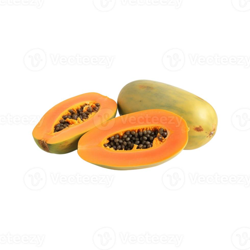 whole and half of ripe papaya fruit isolated on transparent background. png