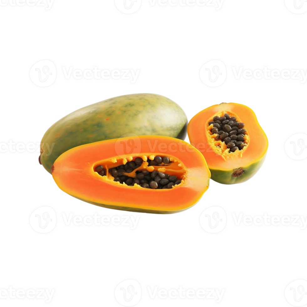 whole and half of ripe papaya fruit isolated on transparent background. png