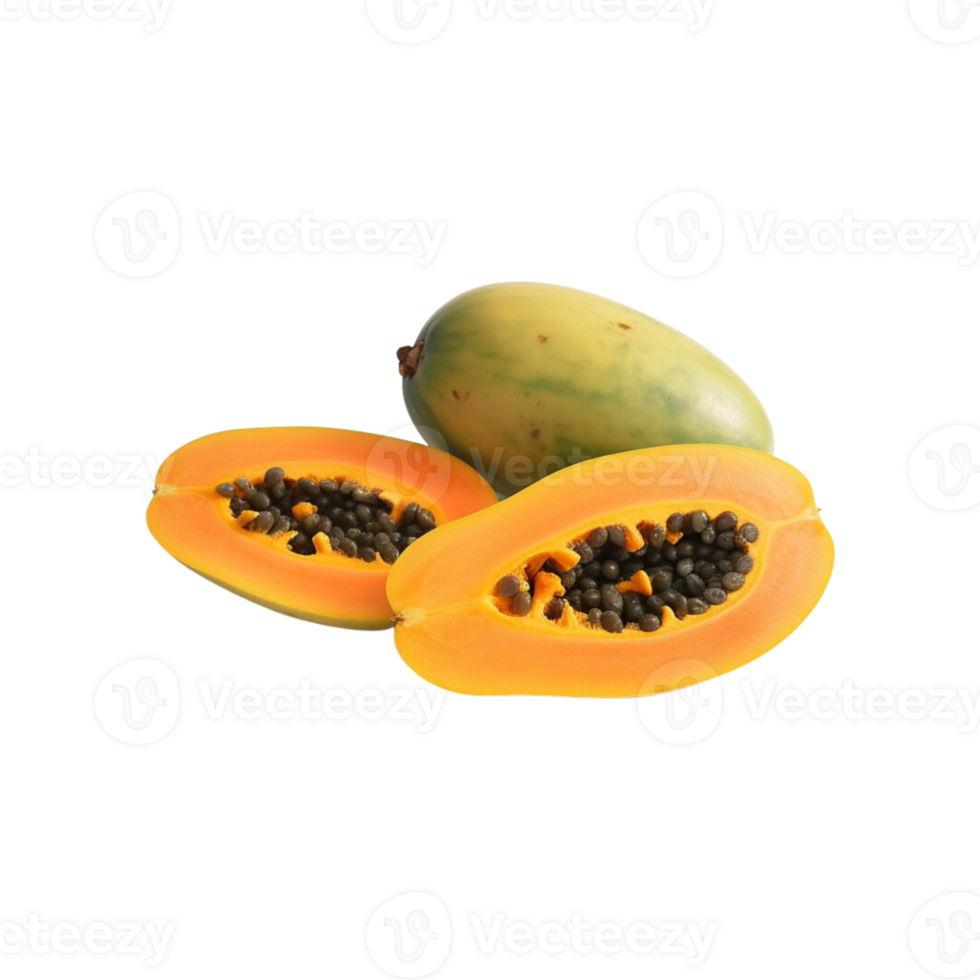 whole and half of ripe papaya fruit isolated on transparent background. png