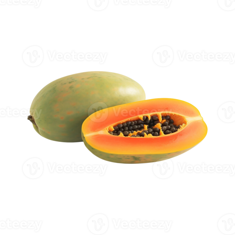 whole and half of ripe papaya fruit isolated on transparent background. png