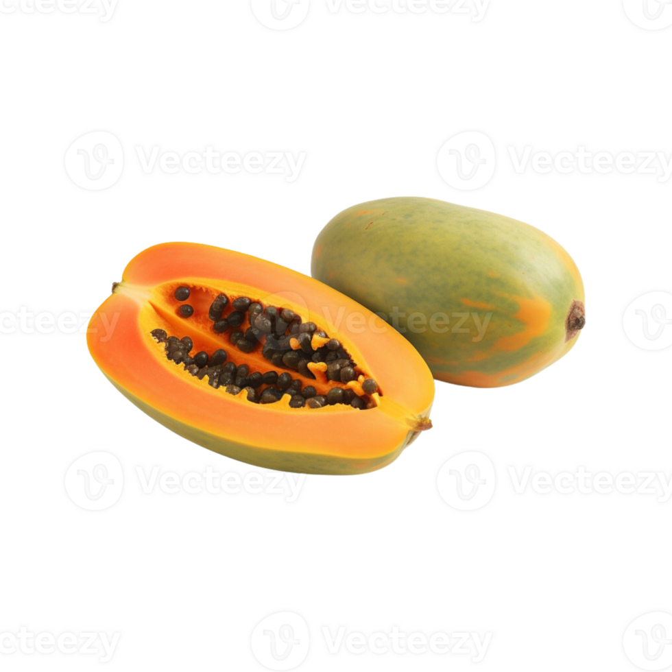 whole and half of ripe papaya fruit isolated on transparent background. png