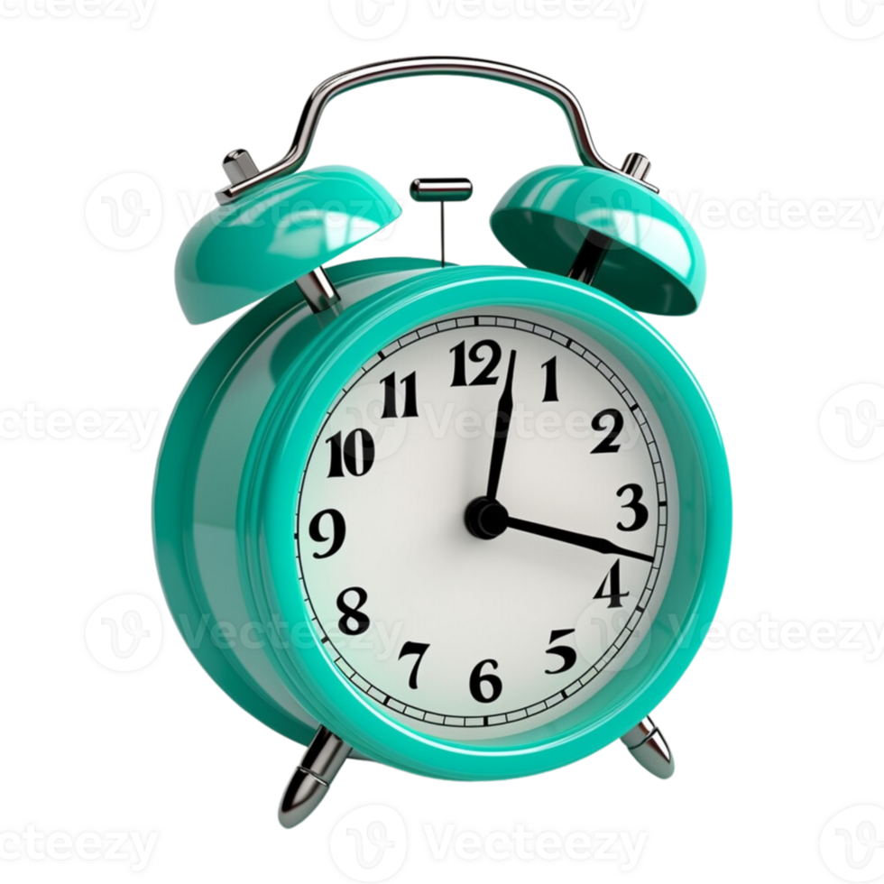 Cyan alarm clock on a transparent background. ai generated png