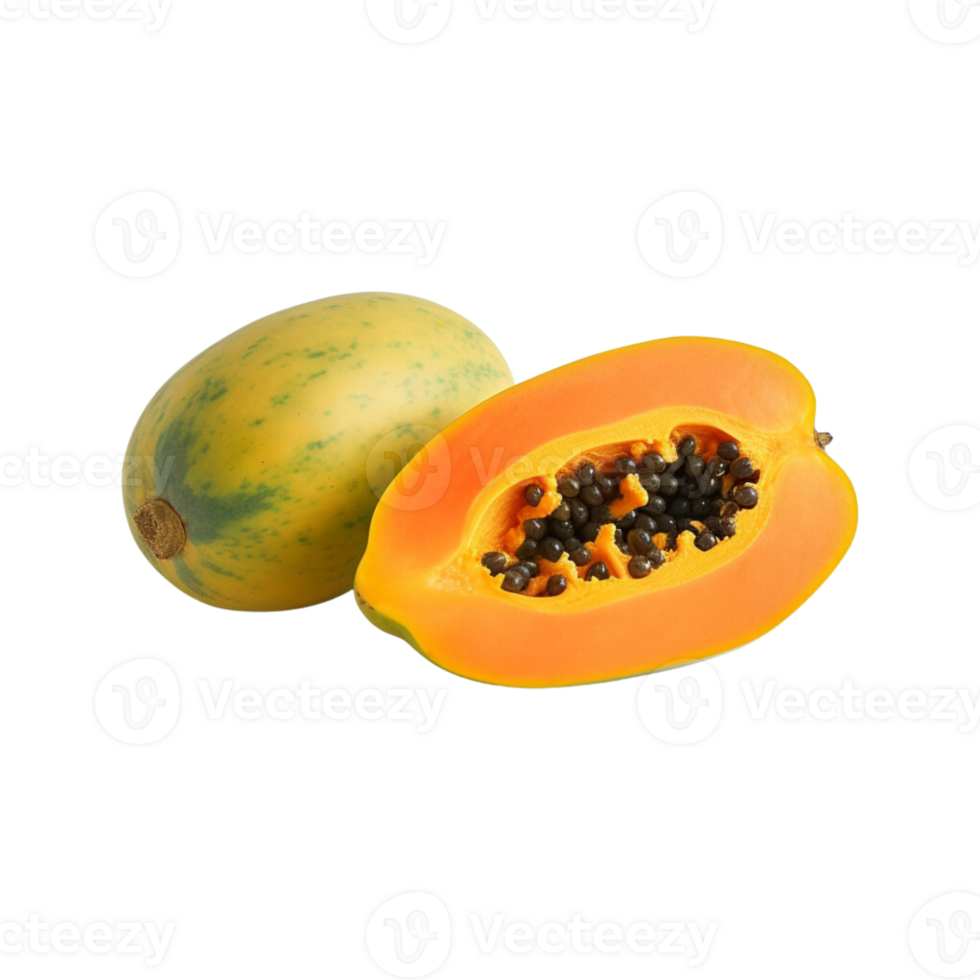 whole and half of ripe papaya fruit isolated on transparent background. png