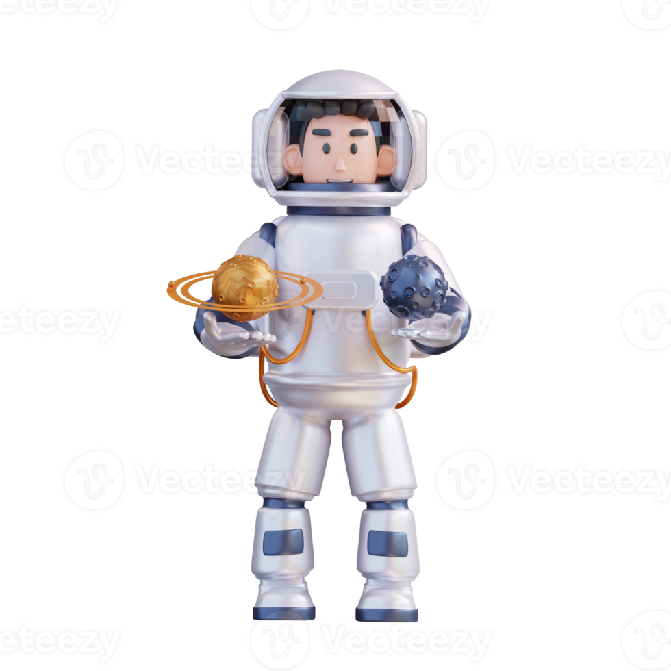 3d illustration of astronaut holding moon and Saturn png