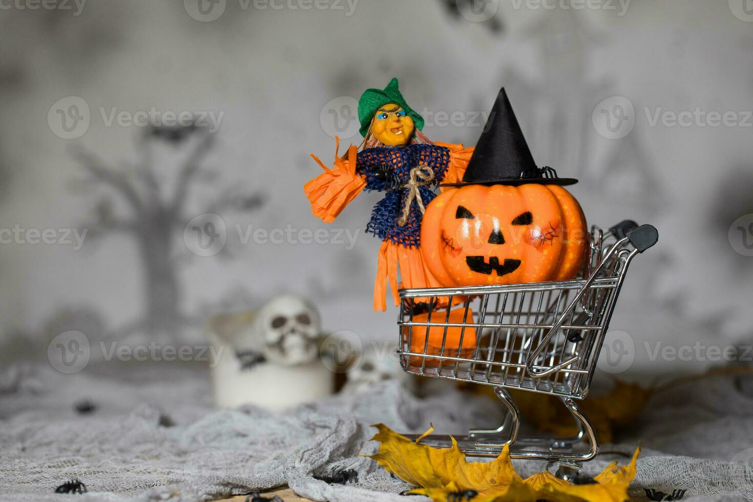 Witch and orange pumpkin in black hat in the small shopping cart. Closeup photo