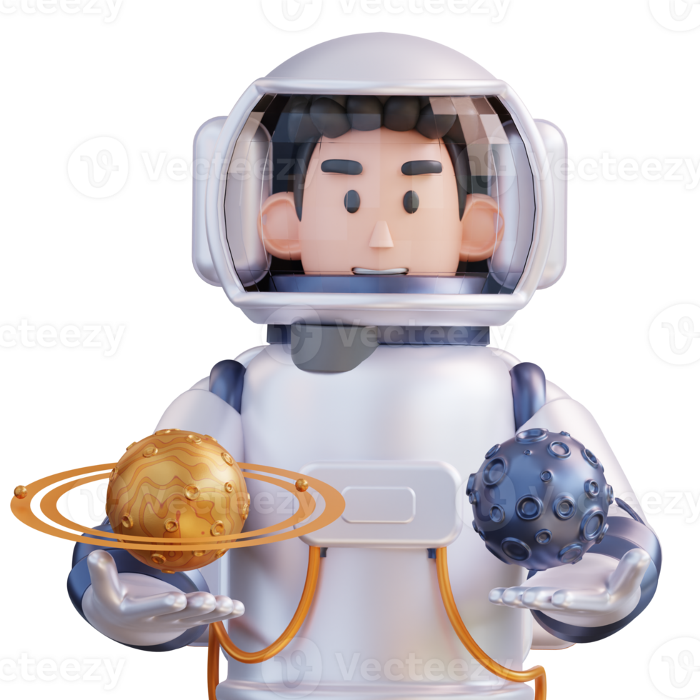 3d illustration of astronaut holding moon and Saturn png